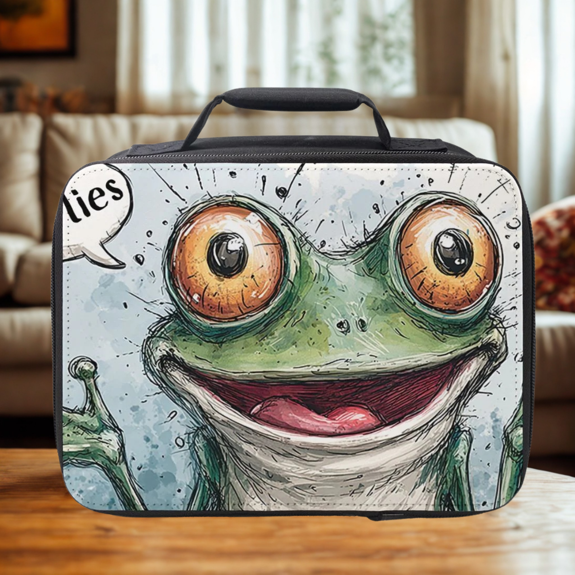  insulated lunch bag with a frog design on a wooden coffee table in a living room