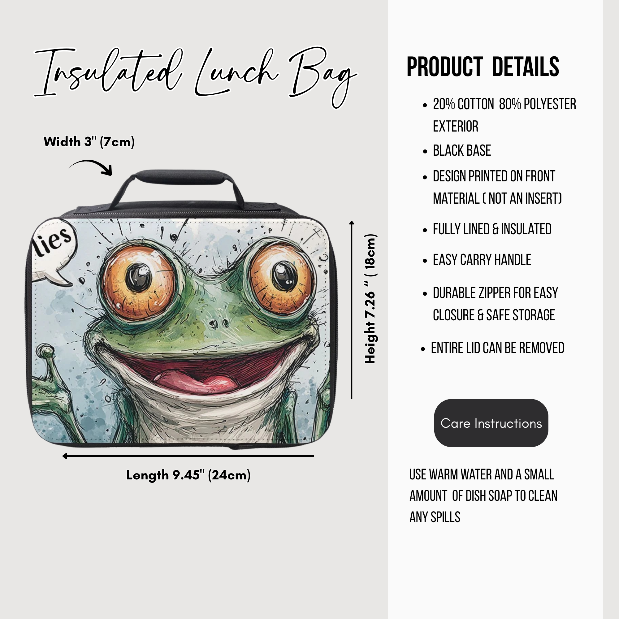 Insulated lunch bag with frog design and product details on a white background