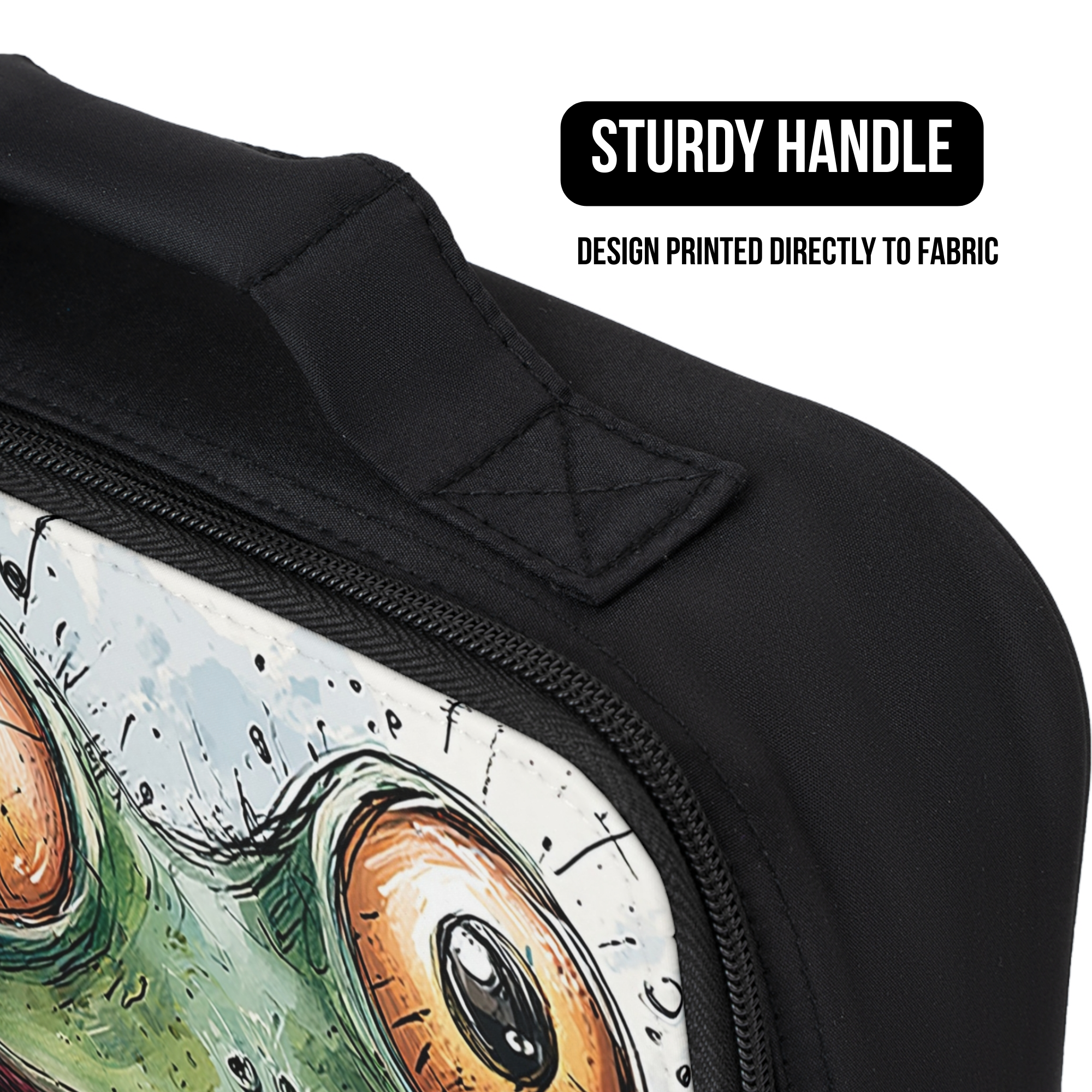 Black bag with a printed design of a frog's face, featuring a sturdy handle.