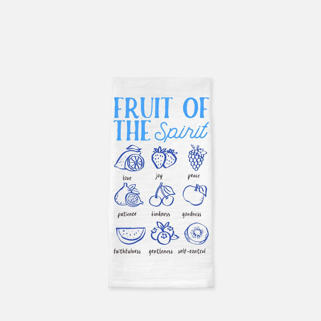 White tea towel with blue graphics and text about the 'Fruit of the Spirit' on a white background