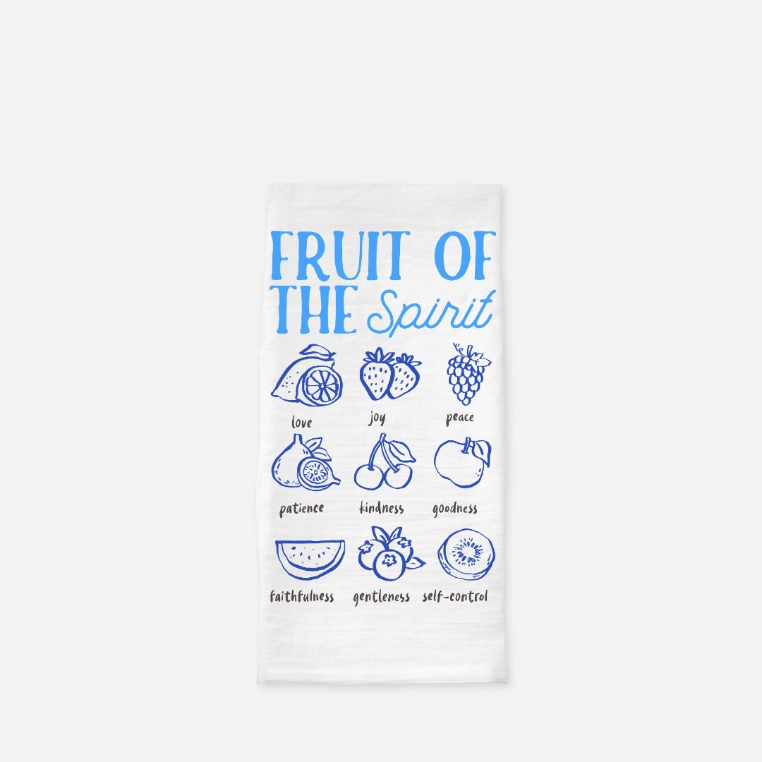 White tea towel with blue graphics and text about the 'Fruit of the Spirit' on a white background