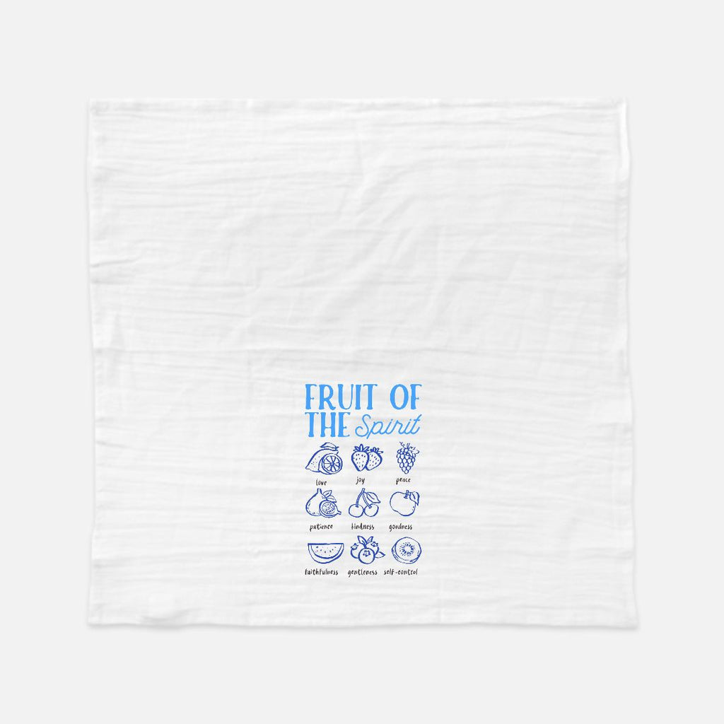 White tea towel with blue text and icons on a white background