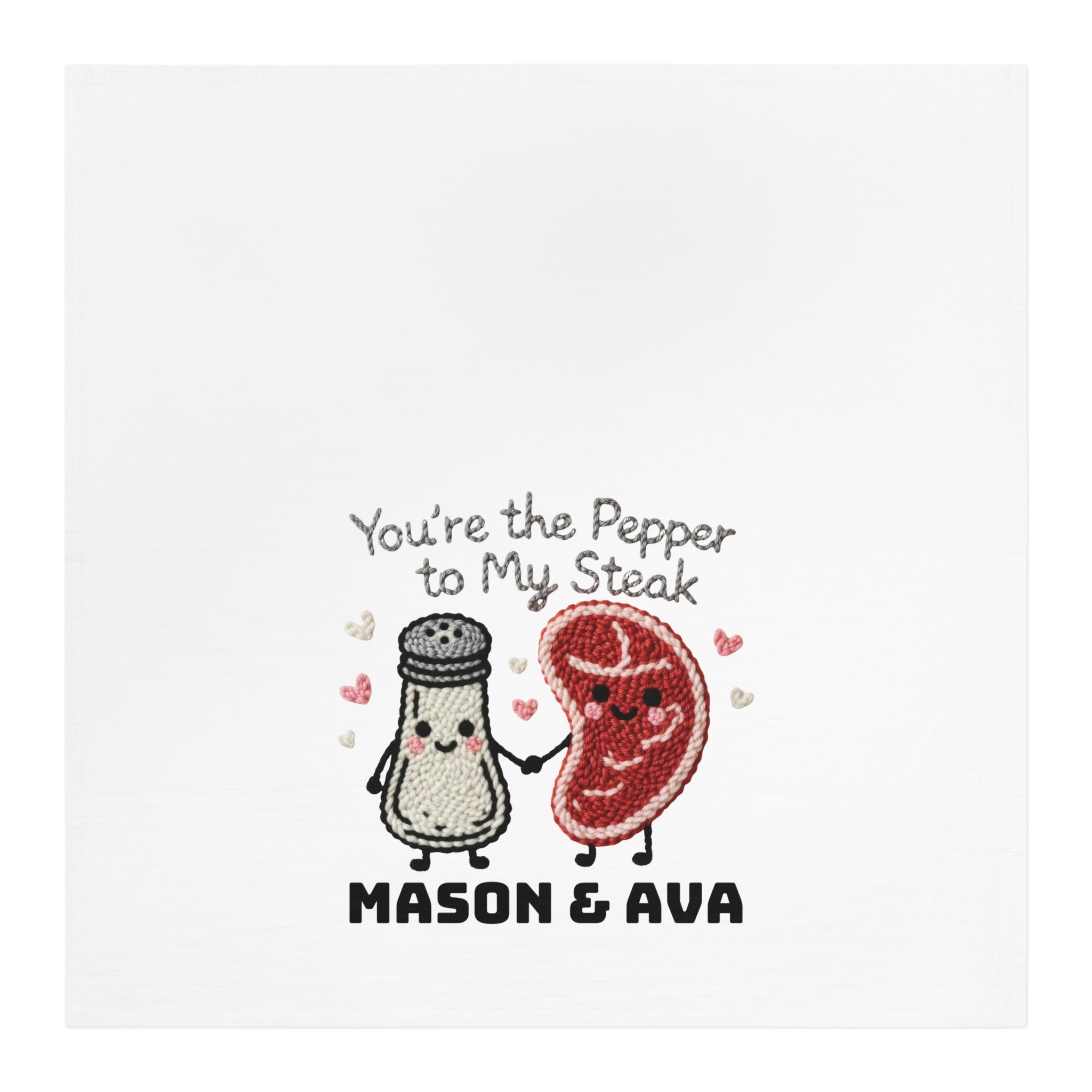 Cartoon steak and pepper shaker with a heart, text 'You're the Pepper to My Steak' and 'Mason & Ava' on a white background.