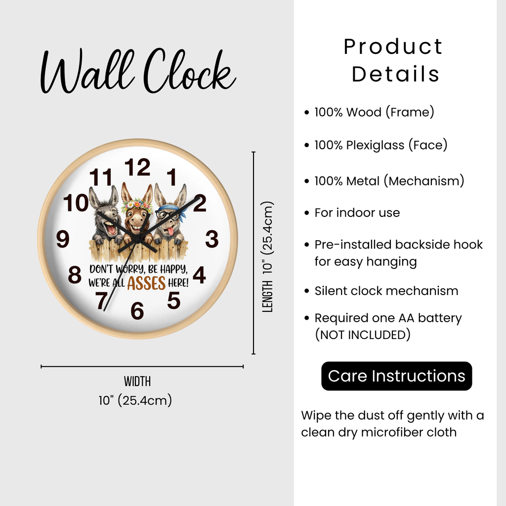 Wall clock with donkey illustration and humorous text, featuring product details on a white background.