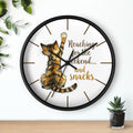 Round black wall clock with a cat design and text 'Reaching for the weekend... and snacks.' on a white background.