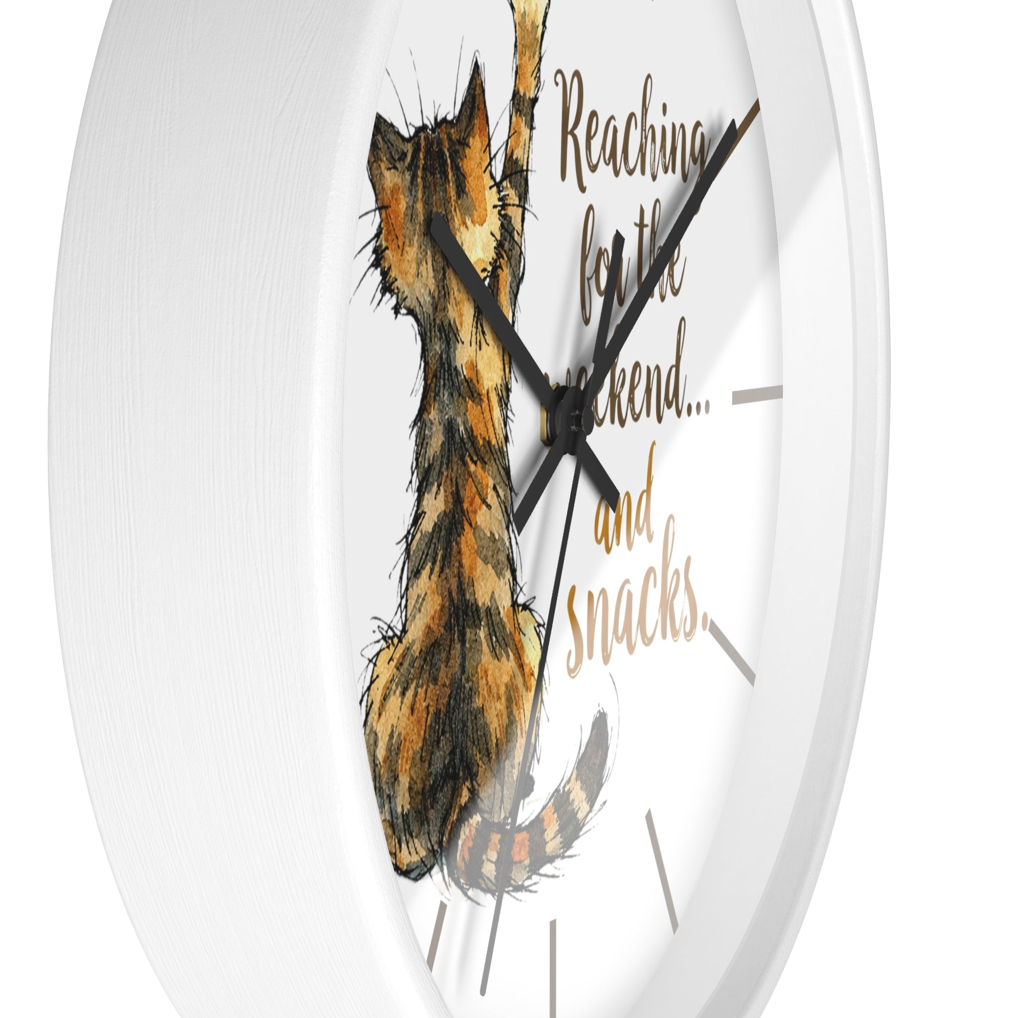 Side view of a round white wall clock with a cat illustration and text on a white background