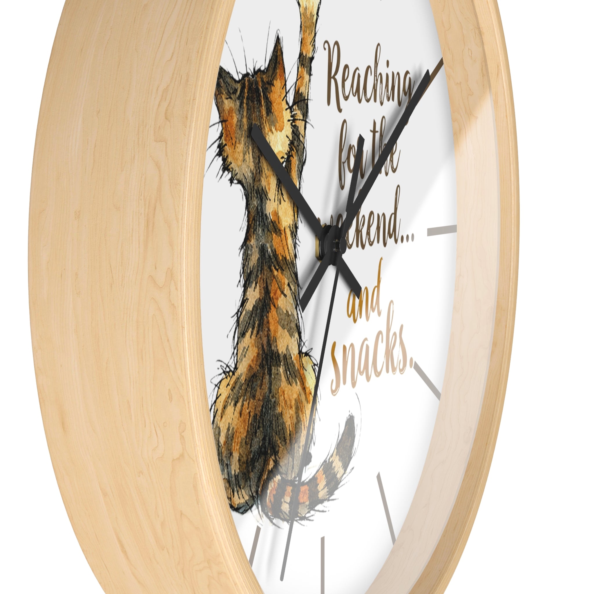 Side view of a round wood wall clock with a cat illustration and text on a white background