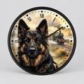 Round wall clock with a black frame, featuring a German Shepherd portrait over a vintage steam train scene on the clock face, with black Roman numerals and hands on a light gray background.