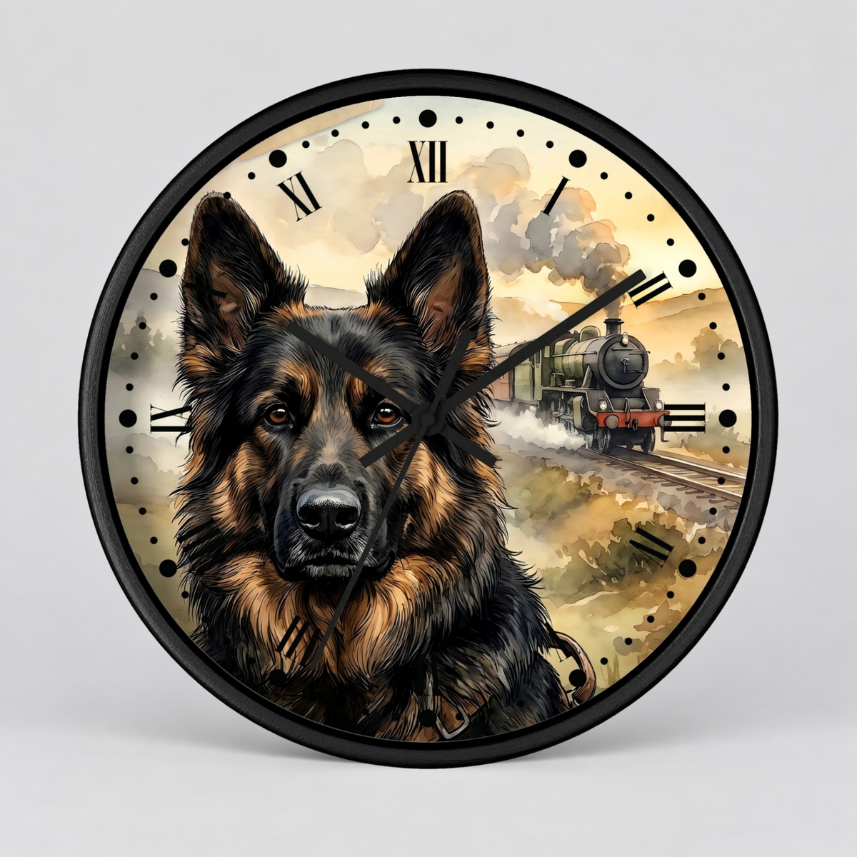 Round wall clock with a black frame, featuring a German Shepherd portrait over a vintage steam train scene on the clock face, with black Roman numerals and hands on a light gray background.