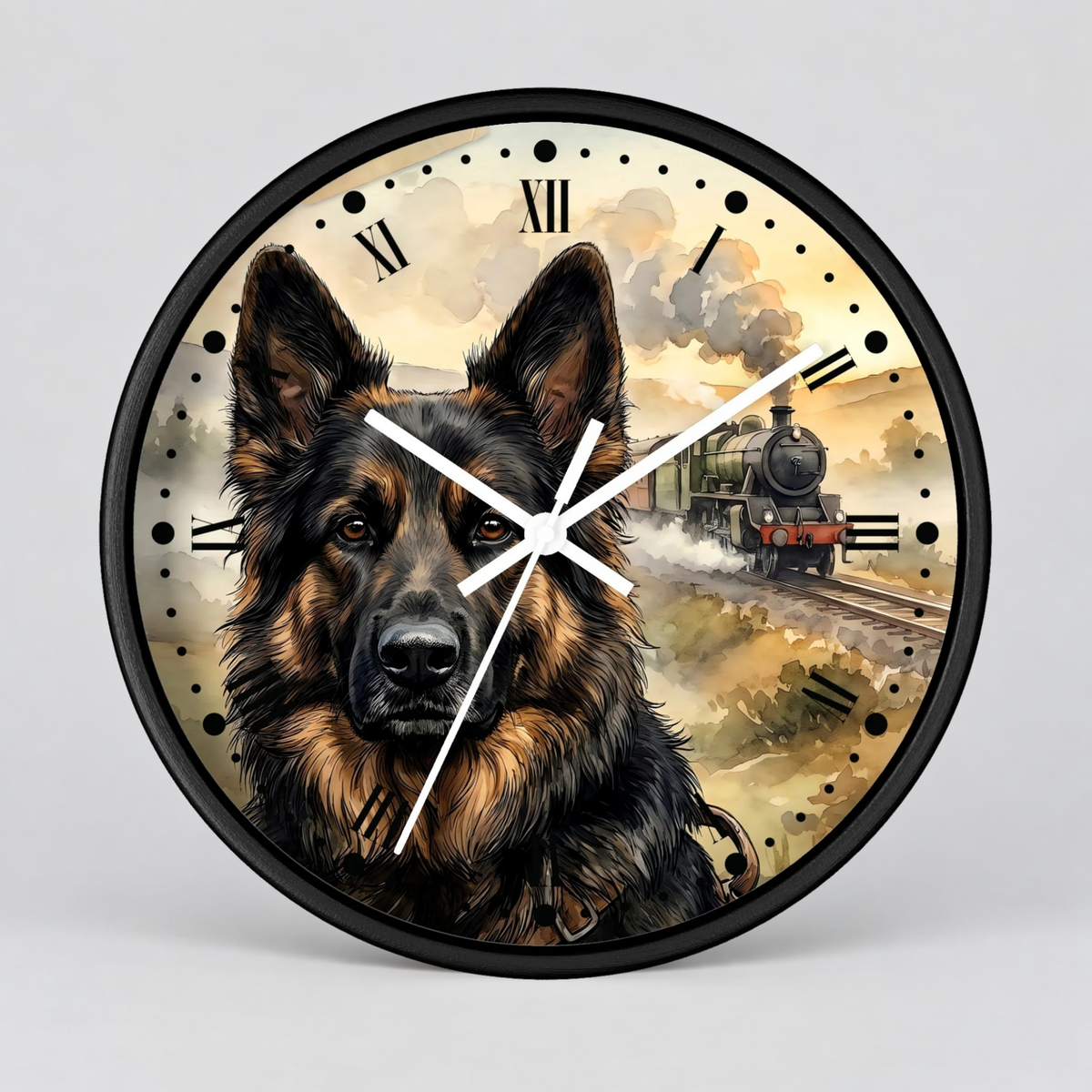 Round wall clock with a black frame and a printed illustration featuring a German Shepherd portrait over a vintage train scene, with black Roman numerals and white hands on a light gray background.