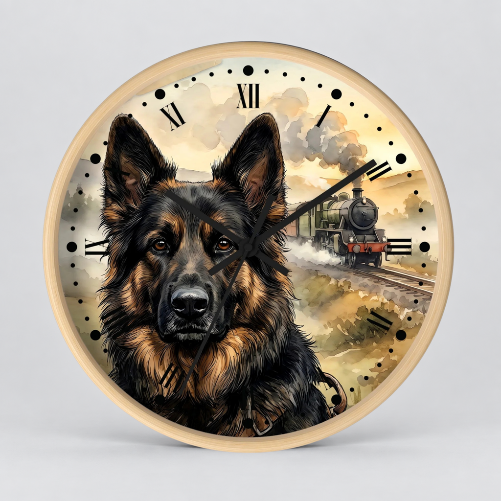 A round wall clock with a light wood frame featuring an illustrated German Shepherd portrait and a vintage steam train scene on the clock face, shown against a light gray background.