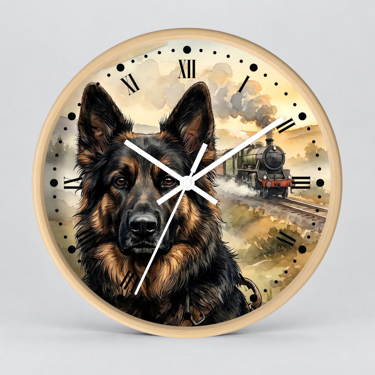 Round wall clock with a light wood frame and a printed dial featuring a German Shepherd portrait in the foreground and a vintage steam train on tracks in the background. Black Roman numerals and white clock hands are visible against a light gray studio backdrop.