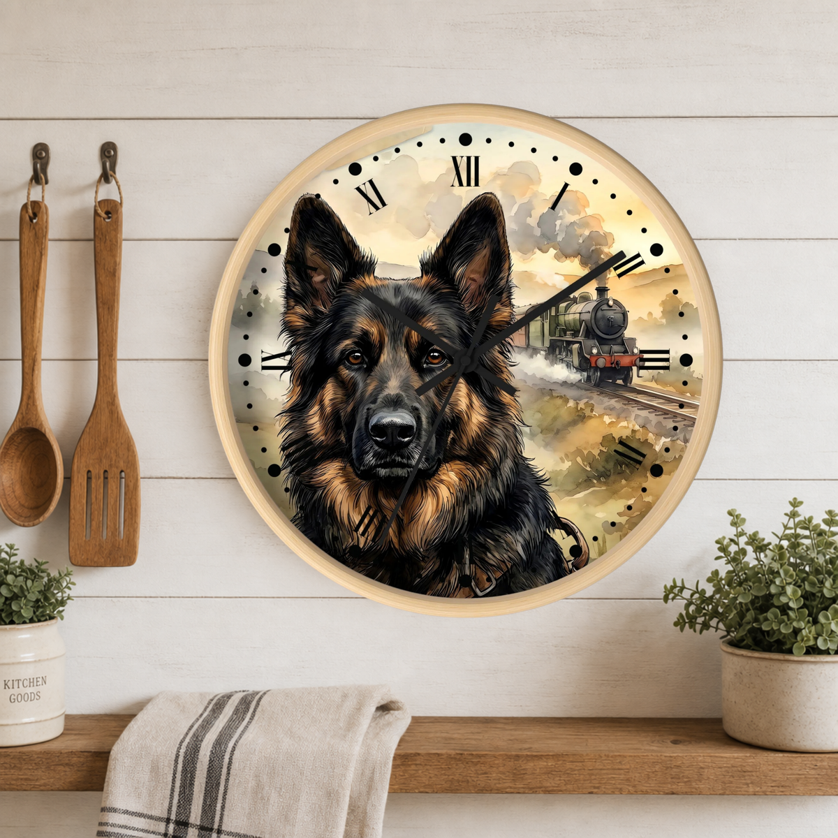 Round wall clock with a German Shepherd portrait and a vintage train scene on the face, mounted on a white wood plank wall above a shelf with plants and kitchen utensils.
