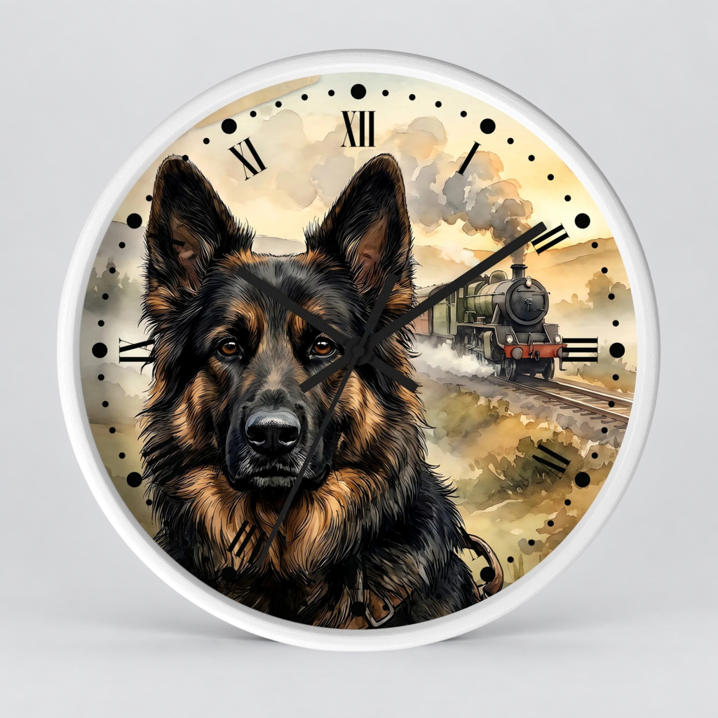 Round wall clock with a white frame and a printed illustration featuring a German Shepherd portrait in the foreground and a vintage steam train on tracks in the background. The clock face has black Roman numerals and black clock hands, shown against a light gray studio background.