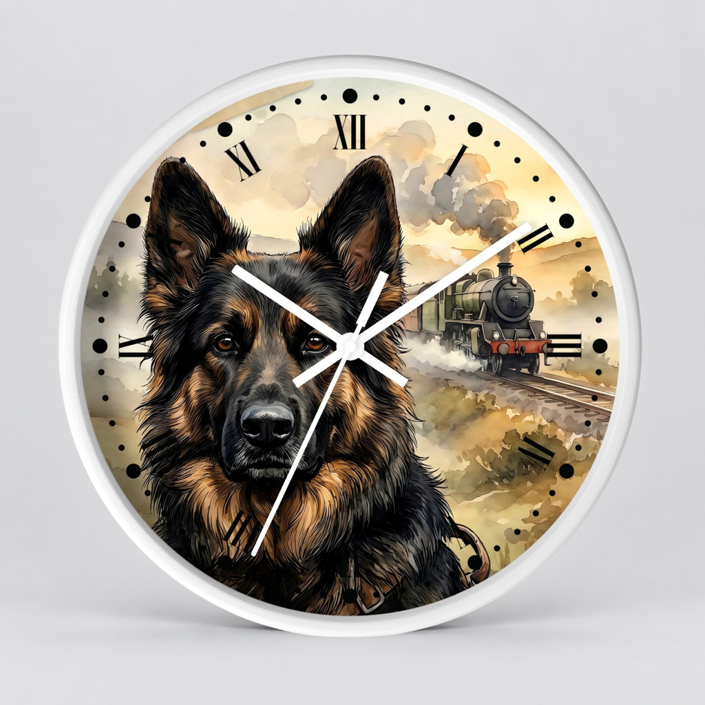 A round wall clock with a white frame and a printed illustration of a German Shepherd dog in the foreground and a vintage train on tracks in the background. The clock face has black Roman numerals and white hands against a light gray studio backdrop.