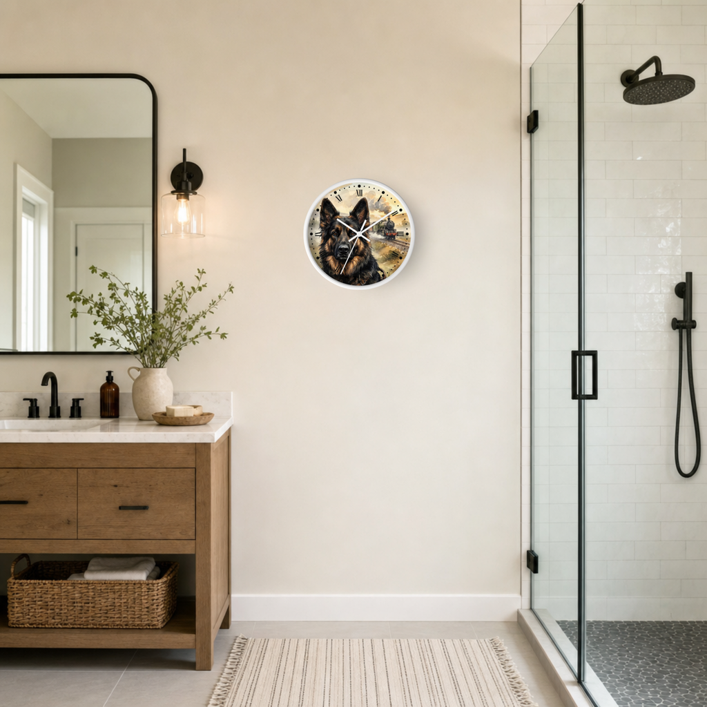 A round wall clock featuring a German Shepherd dog illustration, mounted on a beige wall in a modern bathroom setting with a wooden vanity, mirror, and glass shower enclosure.