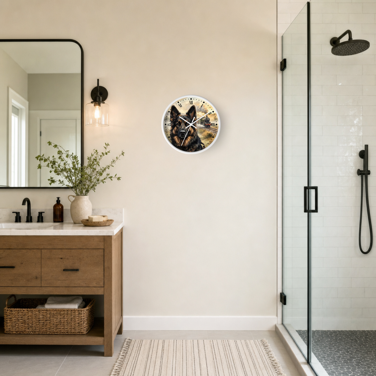 A round wall clock featuring a German Shepherd dog illustration, mounted on a beige wall in a modern bathroom setting with a wooden vanity, mirror, and glass shower enclosure.
