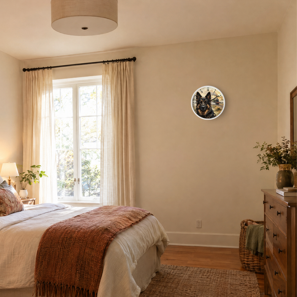 A round wall clock featuring a black and white German Shepherd dog portrait, mounted on a beige wall in a styled bedroom setting with a bed, window, and wooden dresser.