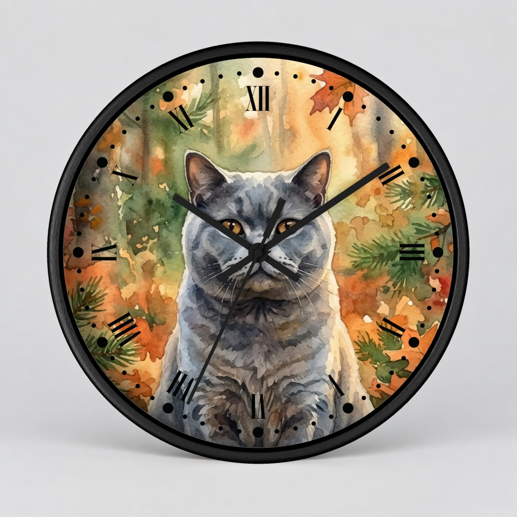 Watercolor Gray Russian Blue Cat in Autumn Pines Wood Wall Clock