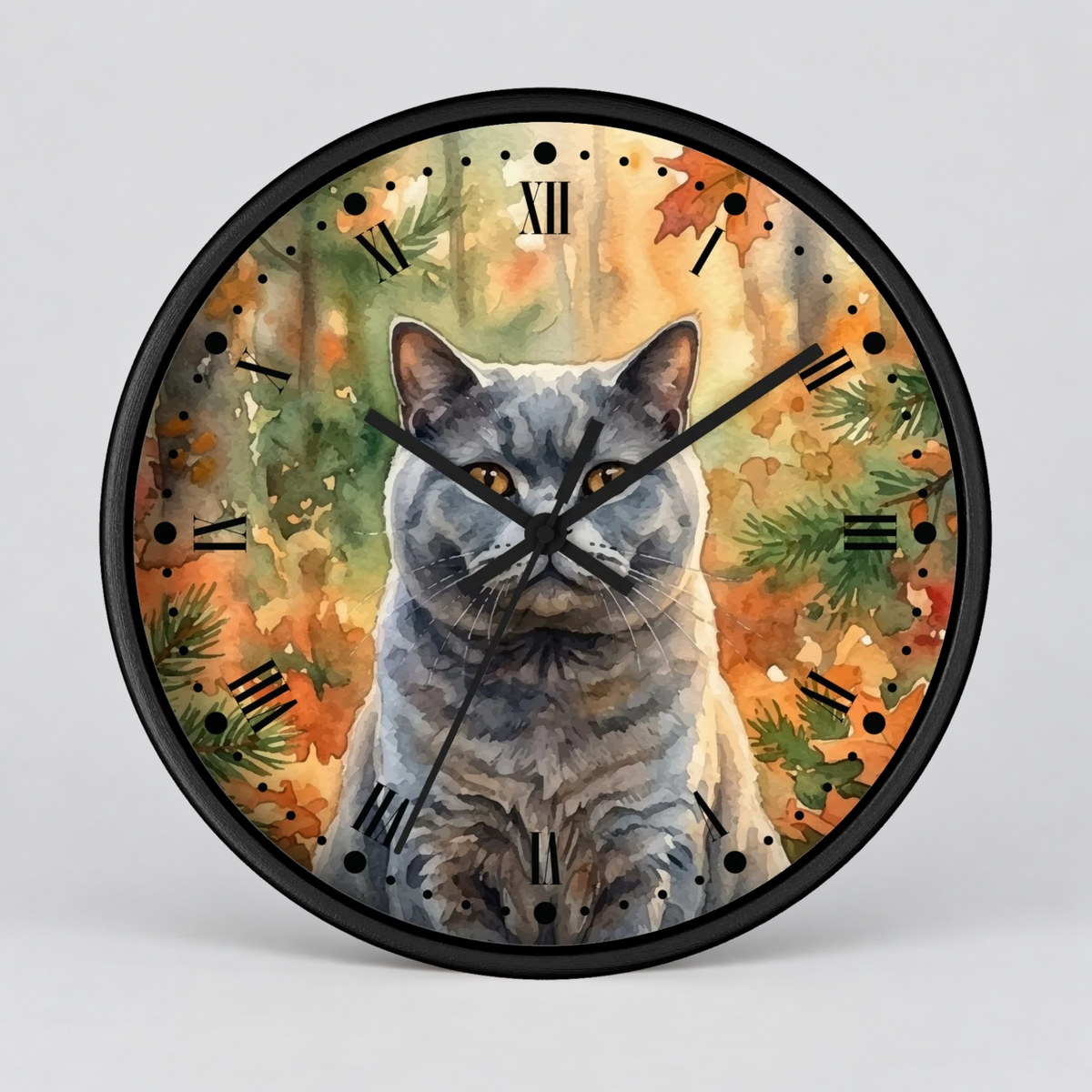 Watercolor Gray Russian Blue Cat in Autumn Pines Wood Wall Clock