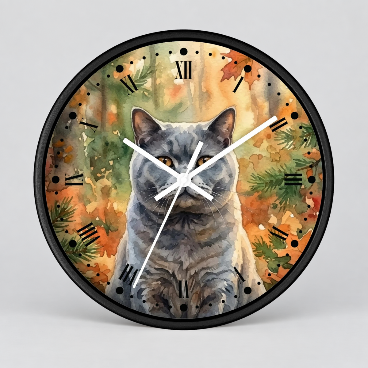 Watercolor Gray Russian Blue Cat in Autumn Pines Wood Wall Clock