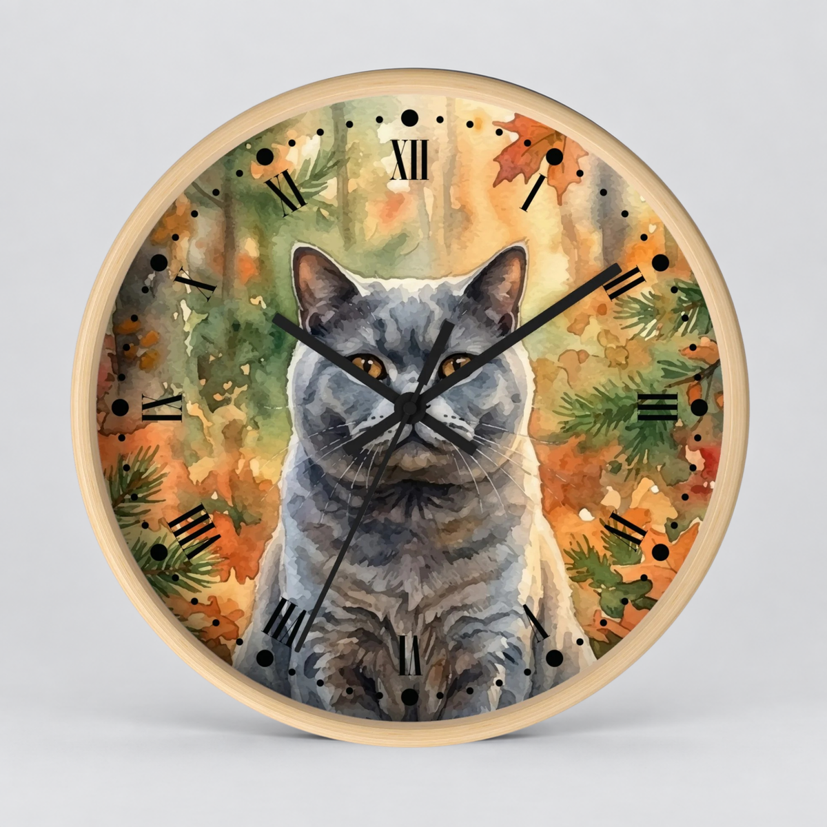 Watercolor Gray Russian Blue Cat in Autumn Pines Wood Wall Clock