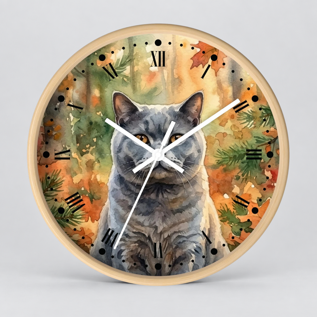 Watercolor Gray Russian Blue Cat in Autumn Pines Wood Wall Clock