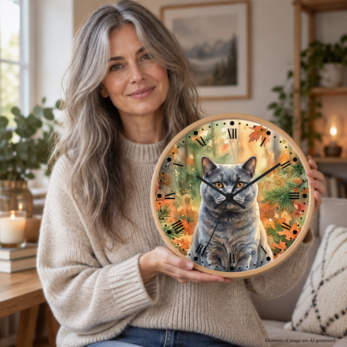 A woman with long gray hair holds a round wooden wall clock featuring a gray cat illustration over an autumn leaf background. She is wearing a beige knit sweater in a cozy, warmly lit living room setting.