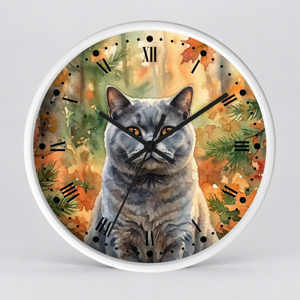 Watercolor Gray Russian Blue Cat in Autumn Pines Wood Wall Clock
