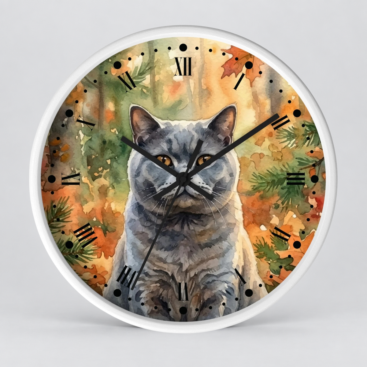 Watercolor Gray Russian Blue Cat in Autumn Pines Wood Wall Clock