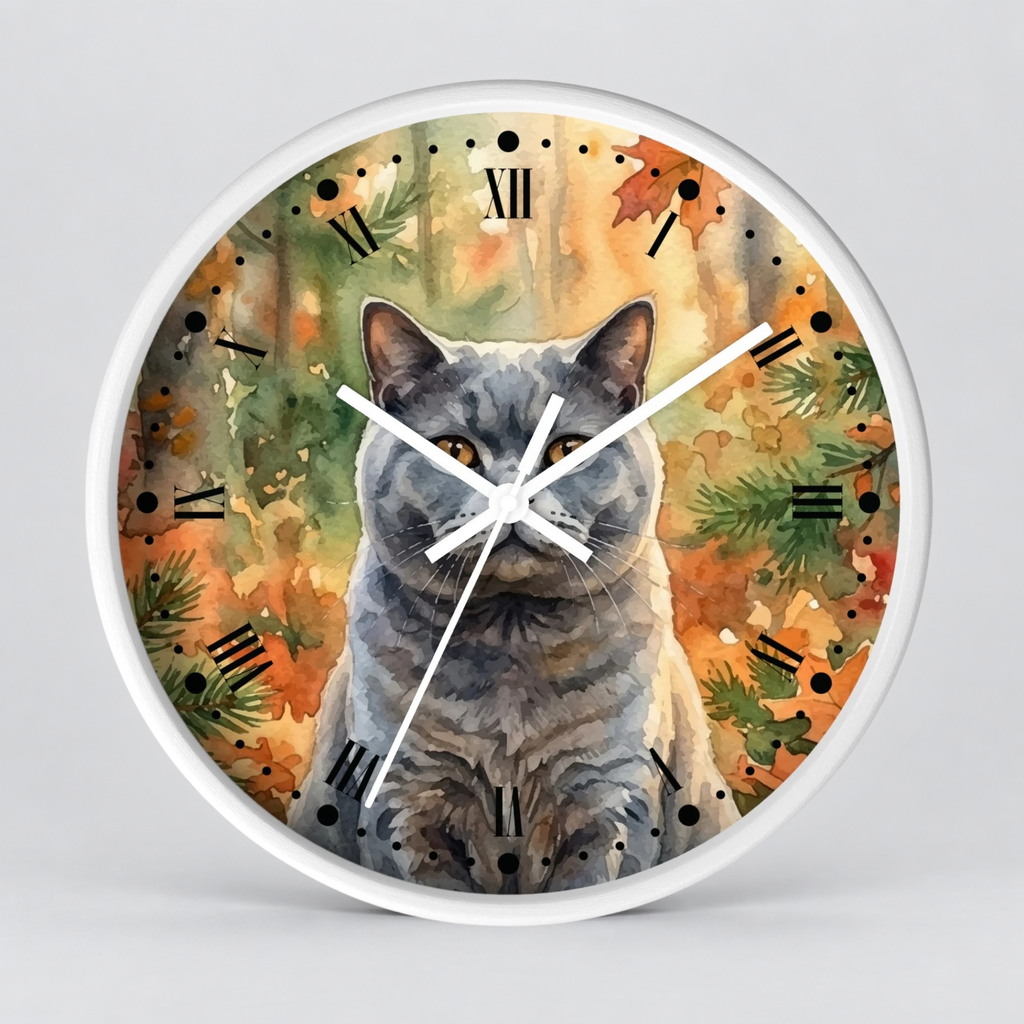 Watercolor Gray Russian Blue Cat in Autumn Pines Wood Wall Clock