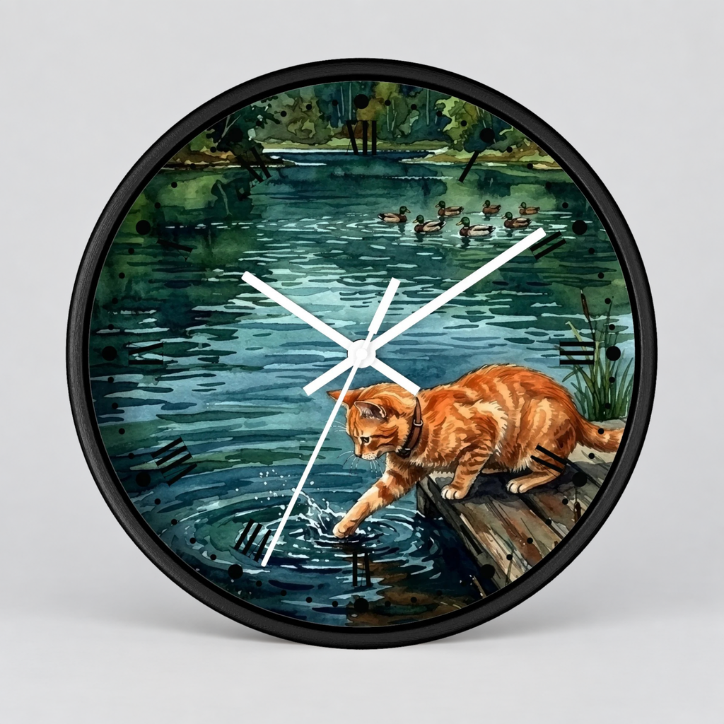 Round wall clock with a black frame and a printed illustration of an orange tabby cat reaching into a pond, with ducks in the background. White clock hands are visible against a light gray studio backdrop.