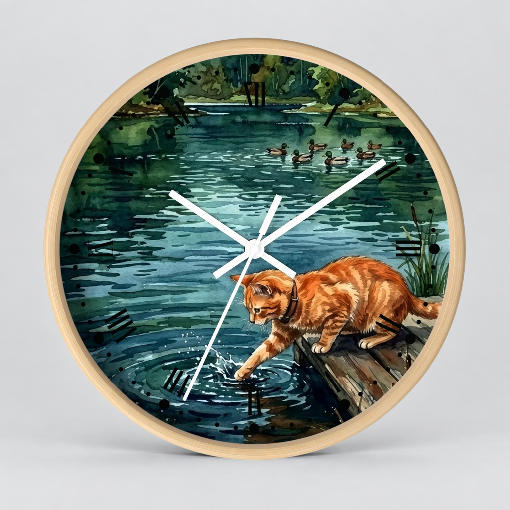 Round wall clock with a light wood frame and a printed illustration of an orange tabby cat reaching into a pond, with ducks and trees in the background. White clock hands are visible against a light gray studio backdrop.