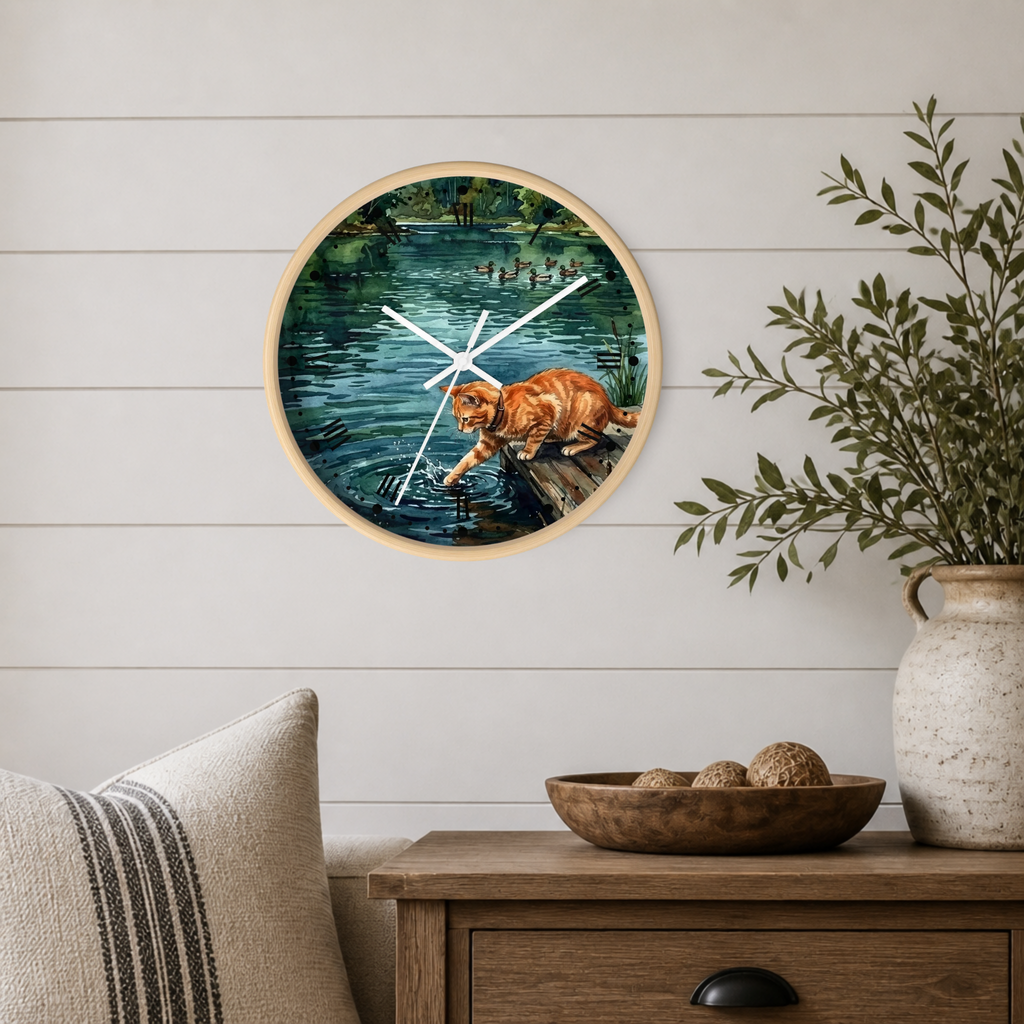 Round wall clock with a light wood frame and a printed illustration of an orange cat by a river, styled on a white shiplap wall above a wooden side table with a plant and decorative bowl.