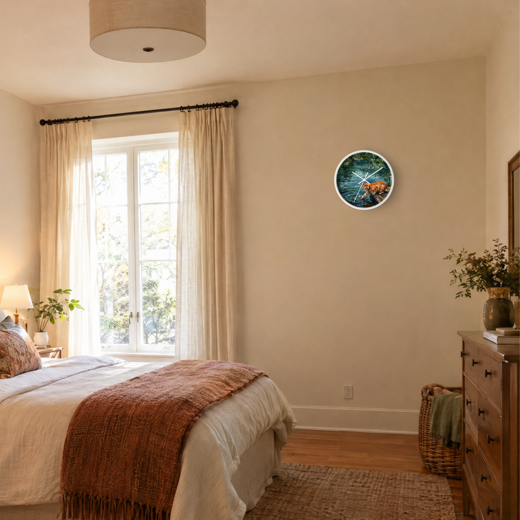 A round wall clock with a colorful forest design and gold-toned hands, mounted on a beige wall in a styled bedroom with a bed, window, and wooden dresser.