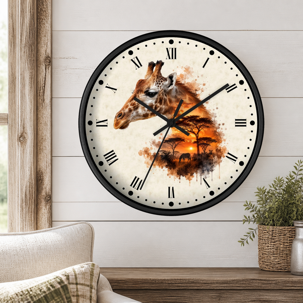 A round wall clock with a black frame and Roman numerals, featuring a giraffe and acacia tree safari design on the face, mounted on a white wood-paneled wall above a wooden table with a plant.