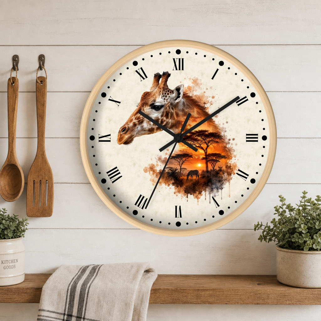 A round wall clock with a giraffe and African savanna sunset illustration, mounted on a white wood-paneled wall above a shelf with small plants and a towel.