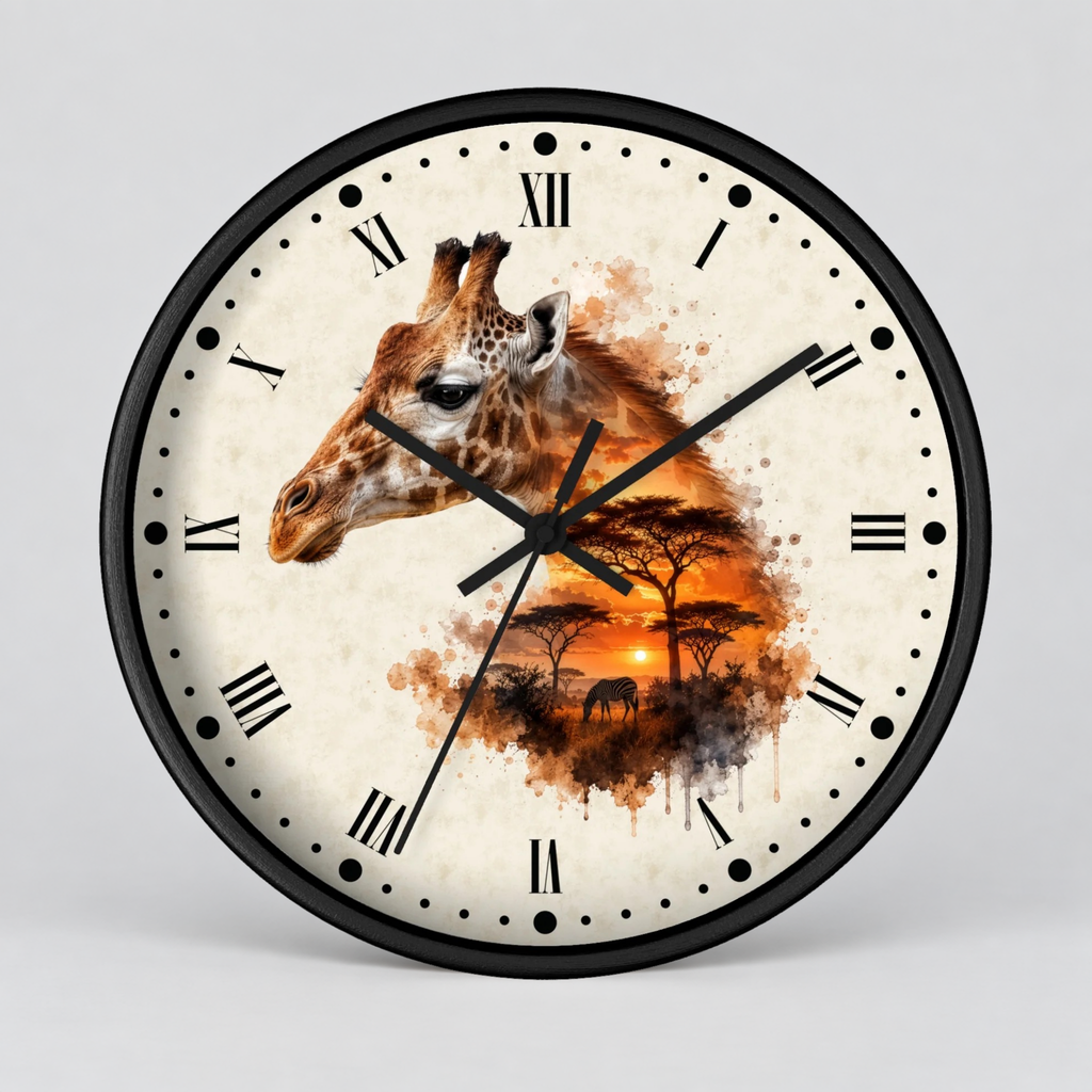 A round wall clock with a black frame and a cream-colored face featuring a giraffe head and an African savanna sunset scene in orange, brown, and black tones. The clock has black Roman numerals and black hands, photographed against a light gray studio background.