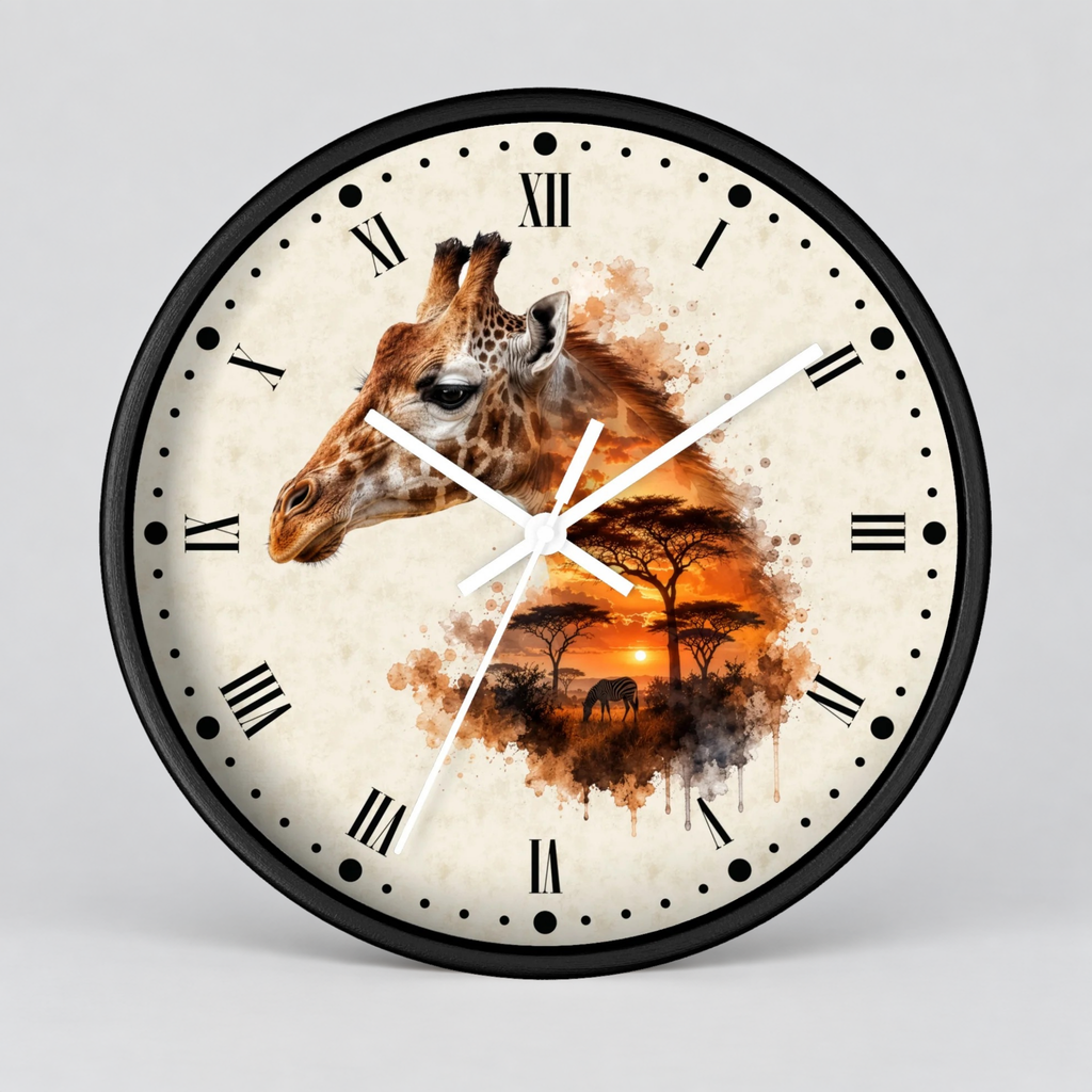 A round wall clock with a black frame and Roman numerals, featuring a giraffe head and an African savanna sunset scene printed on the face, shown against a light gray background.