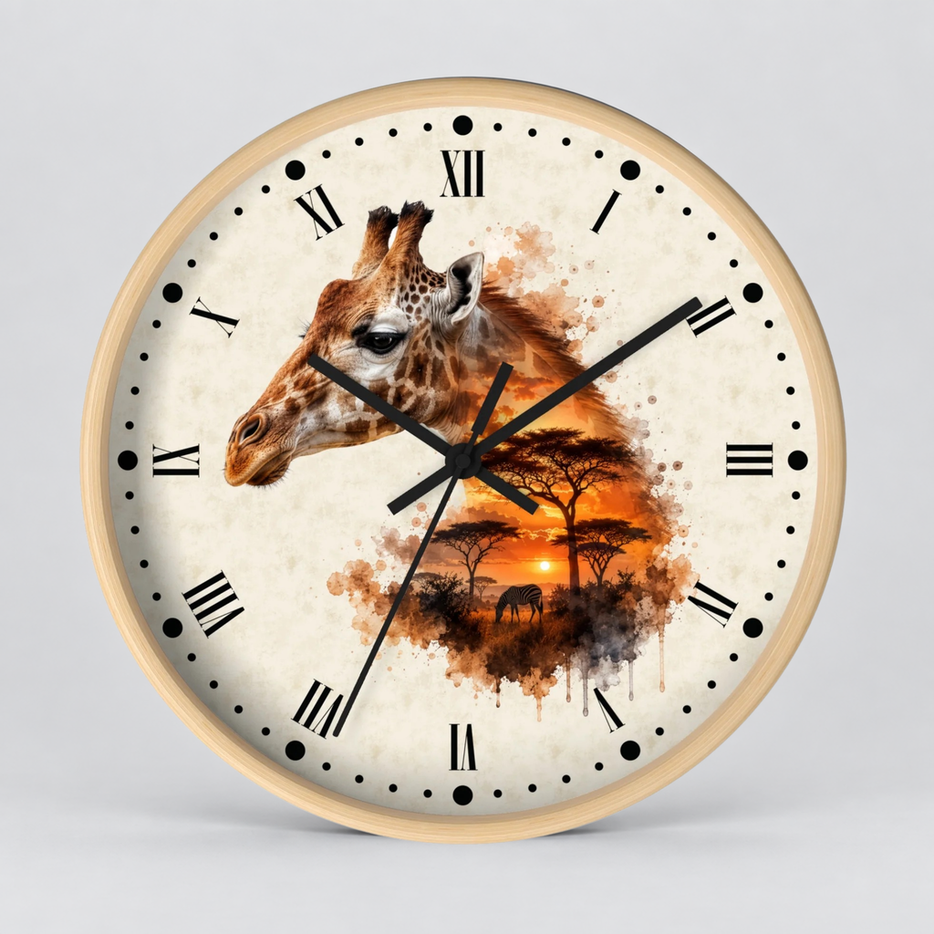Round wall clock with a light wood frame and a printed giraffe and savanna sunset design on the face, shown against a plain light gray background.