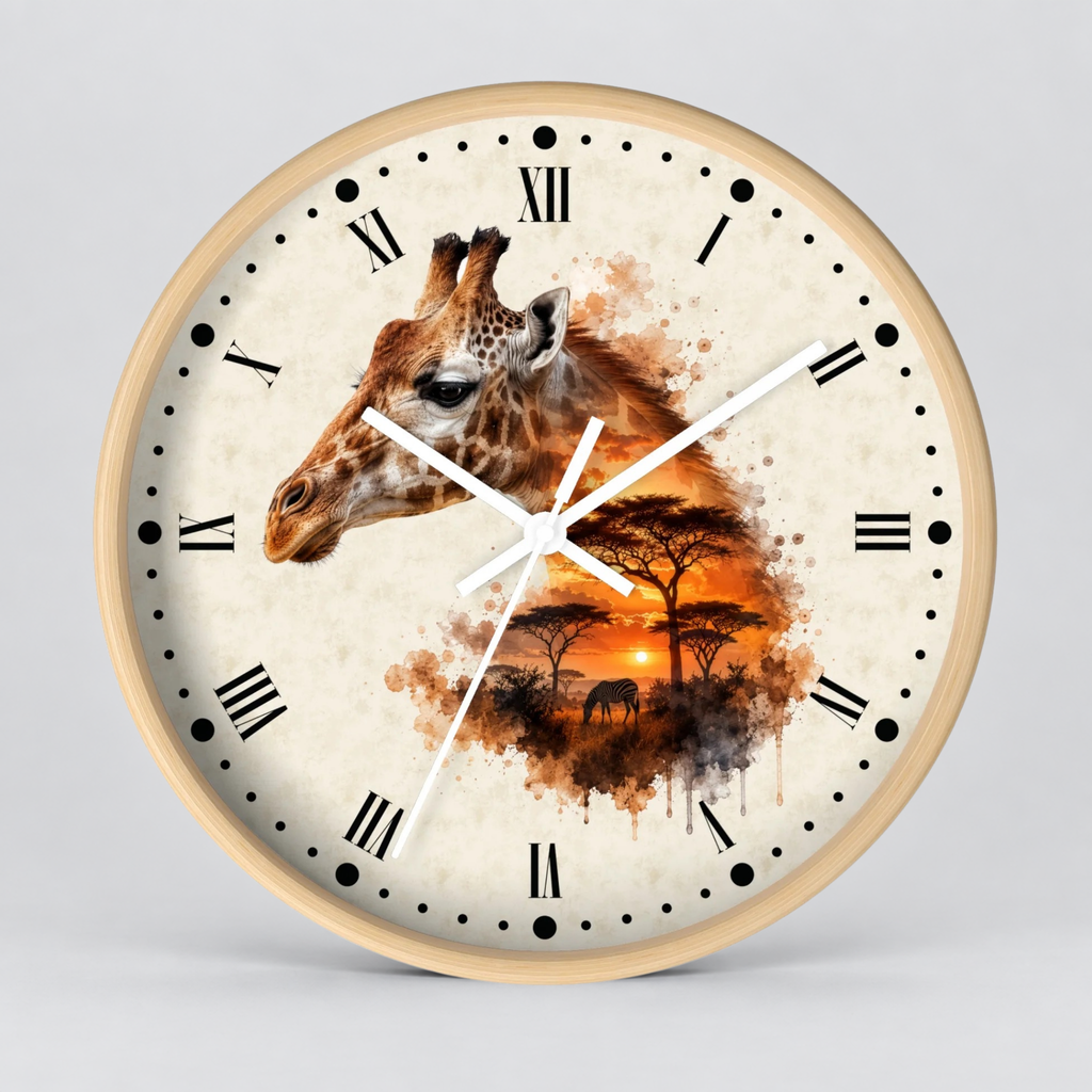 Round wall clock with a light wood frame and a giraffe-and-safari-art print on the dial, shown against a plain light gray background.