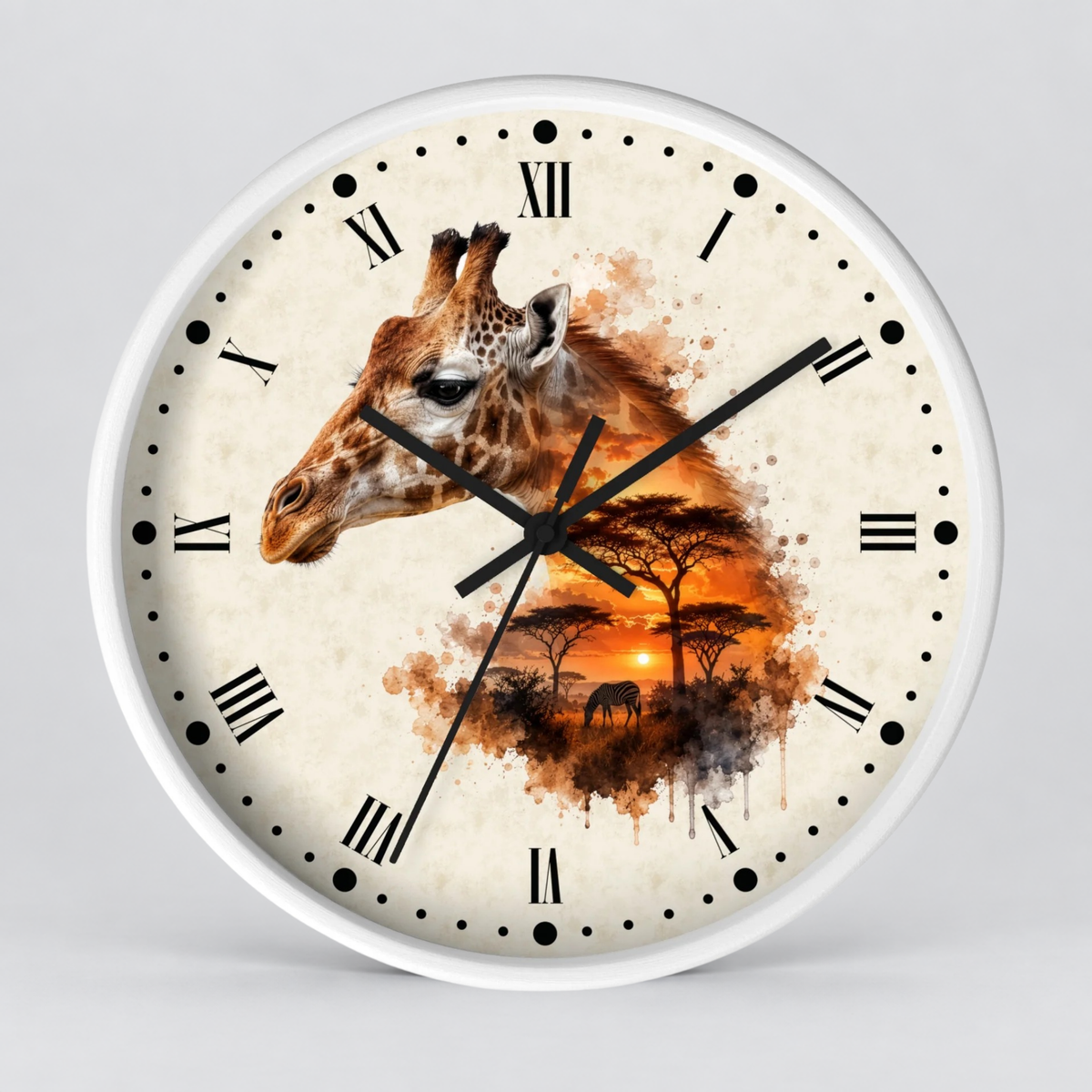 A round wall clock with a white frame and a safari-themed dial featuring a giraffe head, acacia trees, and an orange sunset over a savanna, with black Roman numerals and hands on a light gray background.