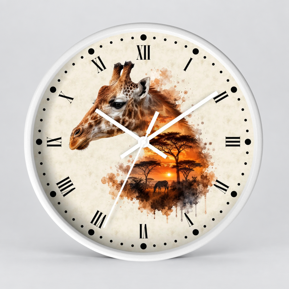 A round wall clock with a white frame and a safari-themed face design featuring a giraffe, acacia trees, and a sunset in warm orange and brown tones over an off-white background.