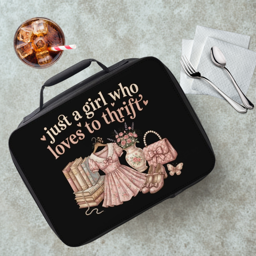 Black lunch bag with vintage-themed design and text on a gray table with a drink and utensils.