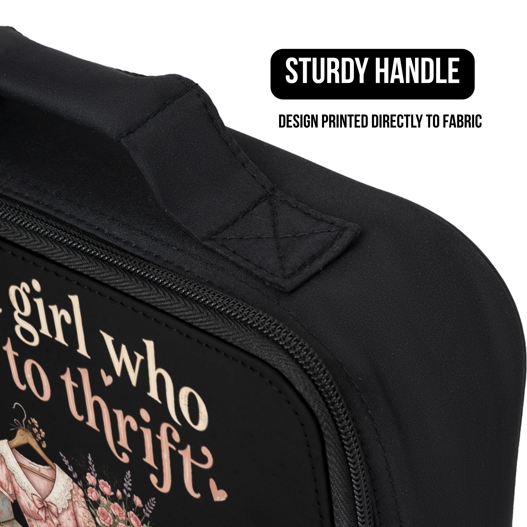 Black lunch bag with 'girl who thrift' design and sturdy handle feature