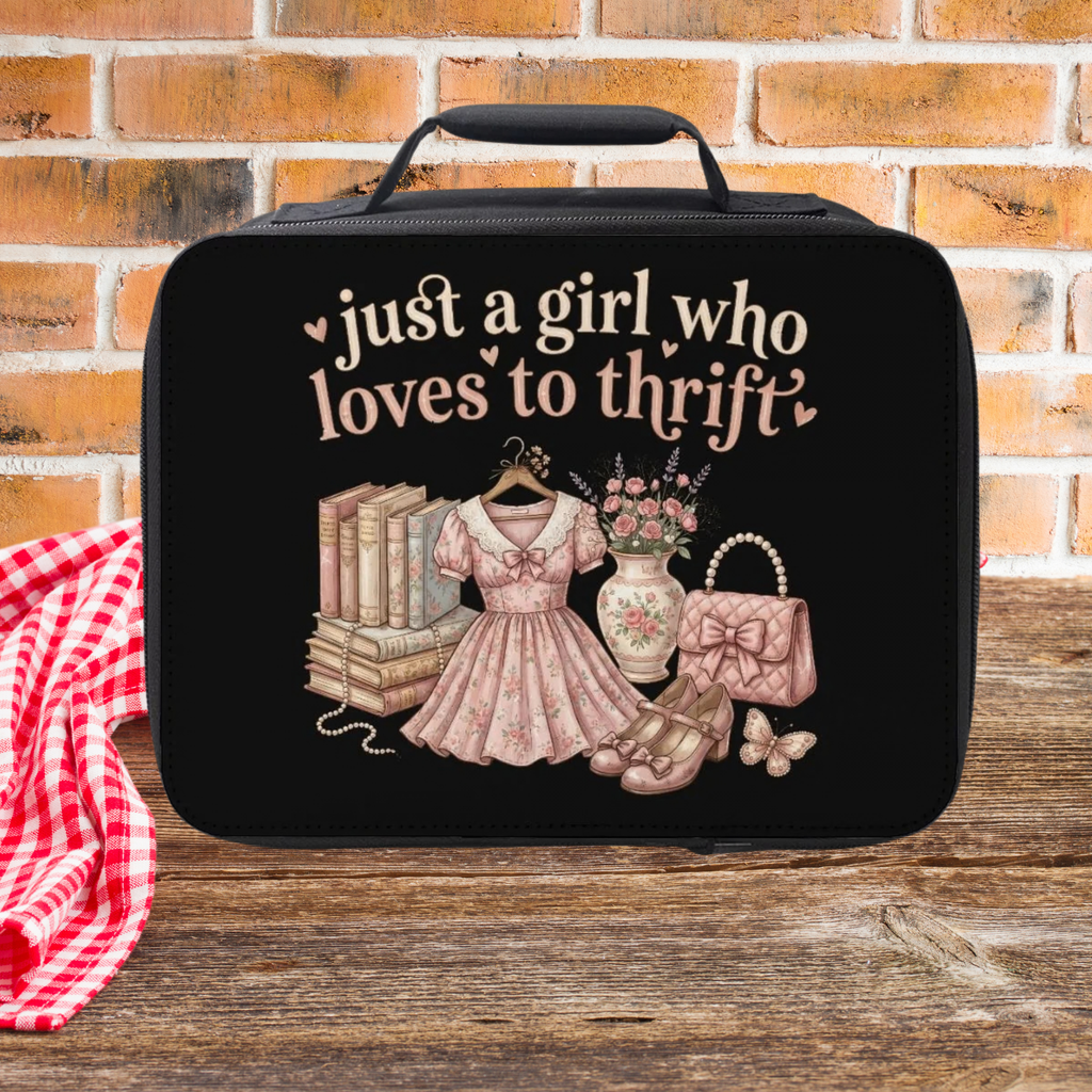 black lunch bag with vintage design and text 'just a girl who loves to thrift' on a wooden picnic table against a brick wall background.