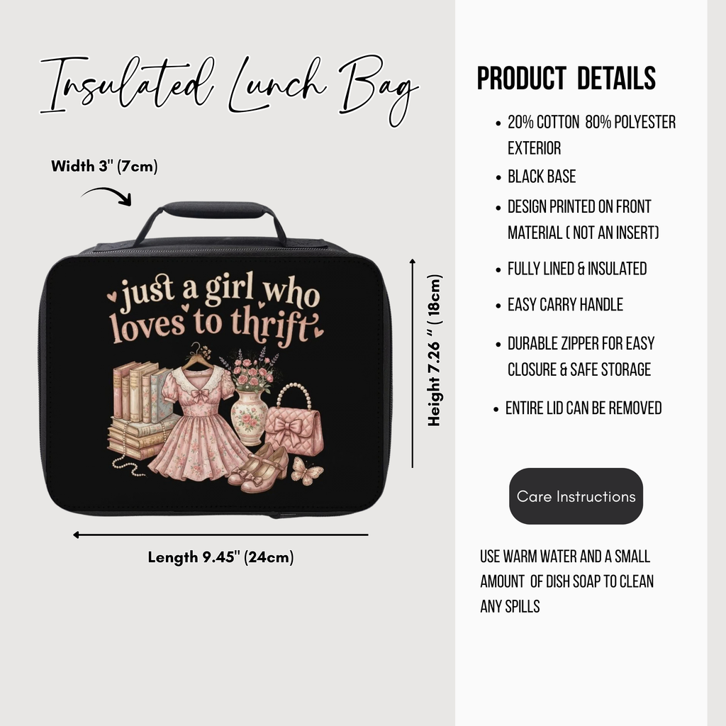 Insulated lunch bag with design and product details on a white background