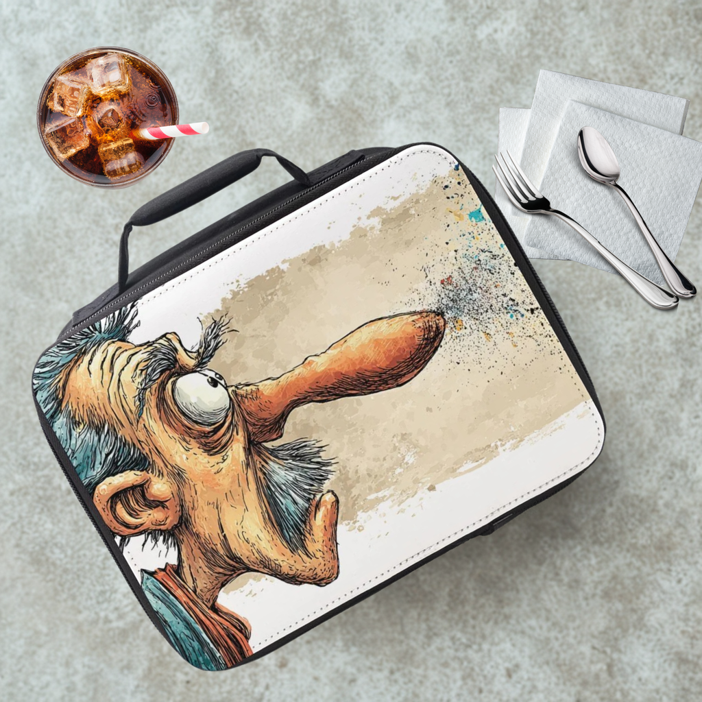 Lunch bag with a cartoon character on a cafeteria table with a drink and utensils.