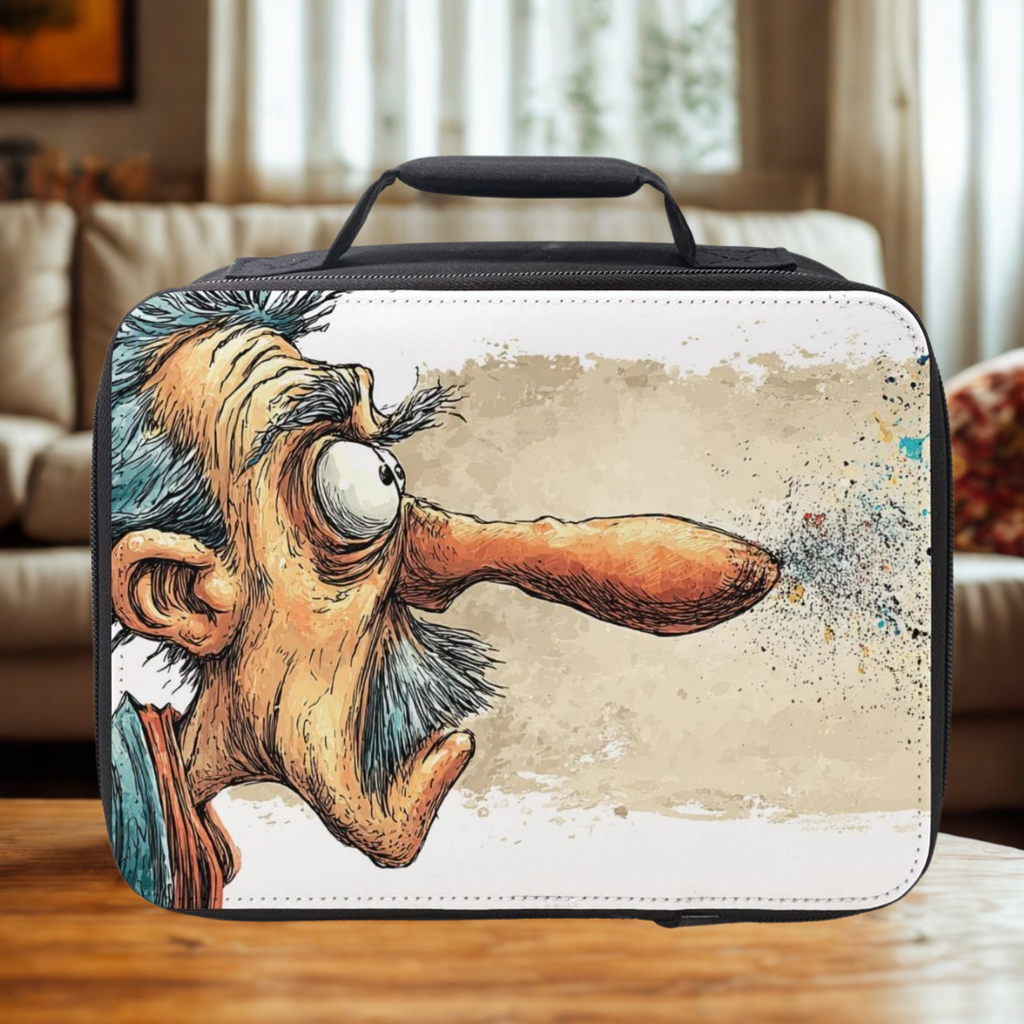 Lunch bag with a cartoon character face on a wooden table in a living room