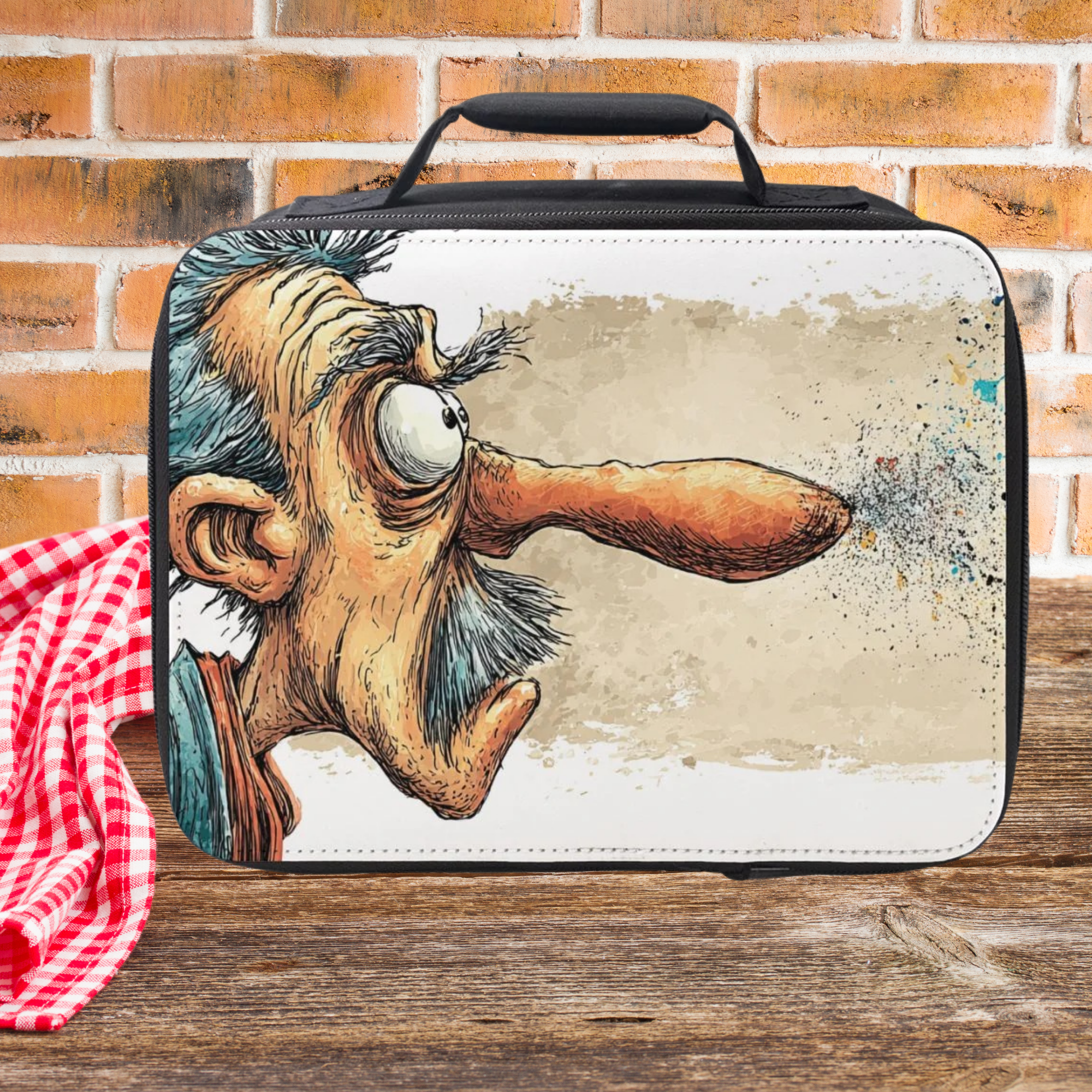Lunch bag with a cartoonish face design on a wooden picnic table with a brick wall background